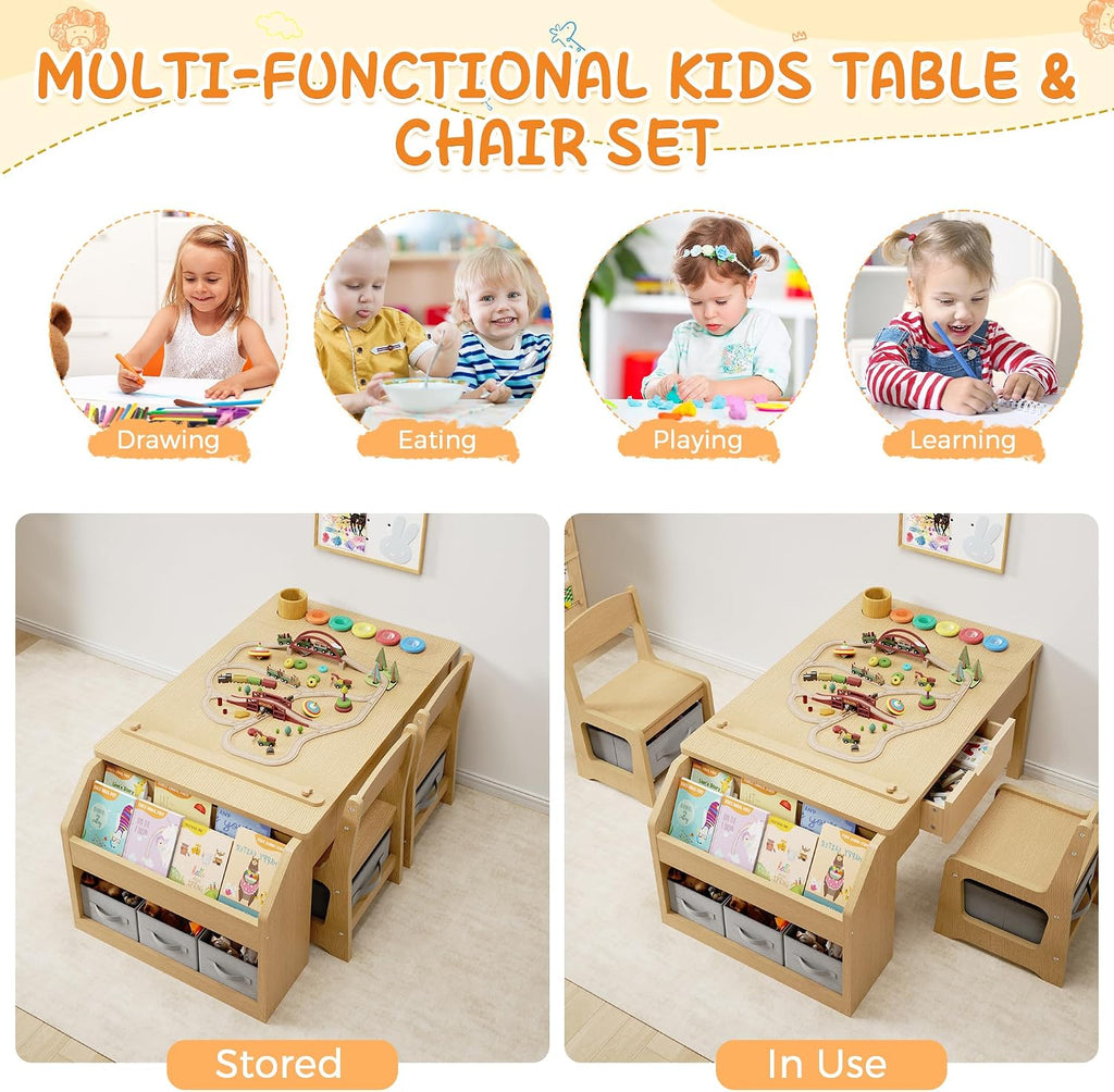 5-in-1 Kids Art Table and Chairs, Toddler Table and Chair Set, Craft Play Desk for Kids, Convertible Art Easel with Paper Roll Holder & Storage Drawers, Children Activity Learning Center-Wood