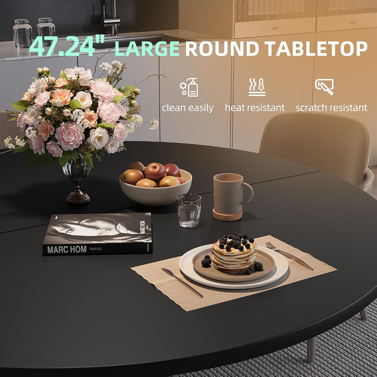 47.24' Round Dining Table for 4-6 Person, Round Kitchen Table with Wood Top, Circle Dinner Pedestal Tables with Metal Legs for Dining Room Kitchen (Black)
