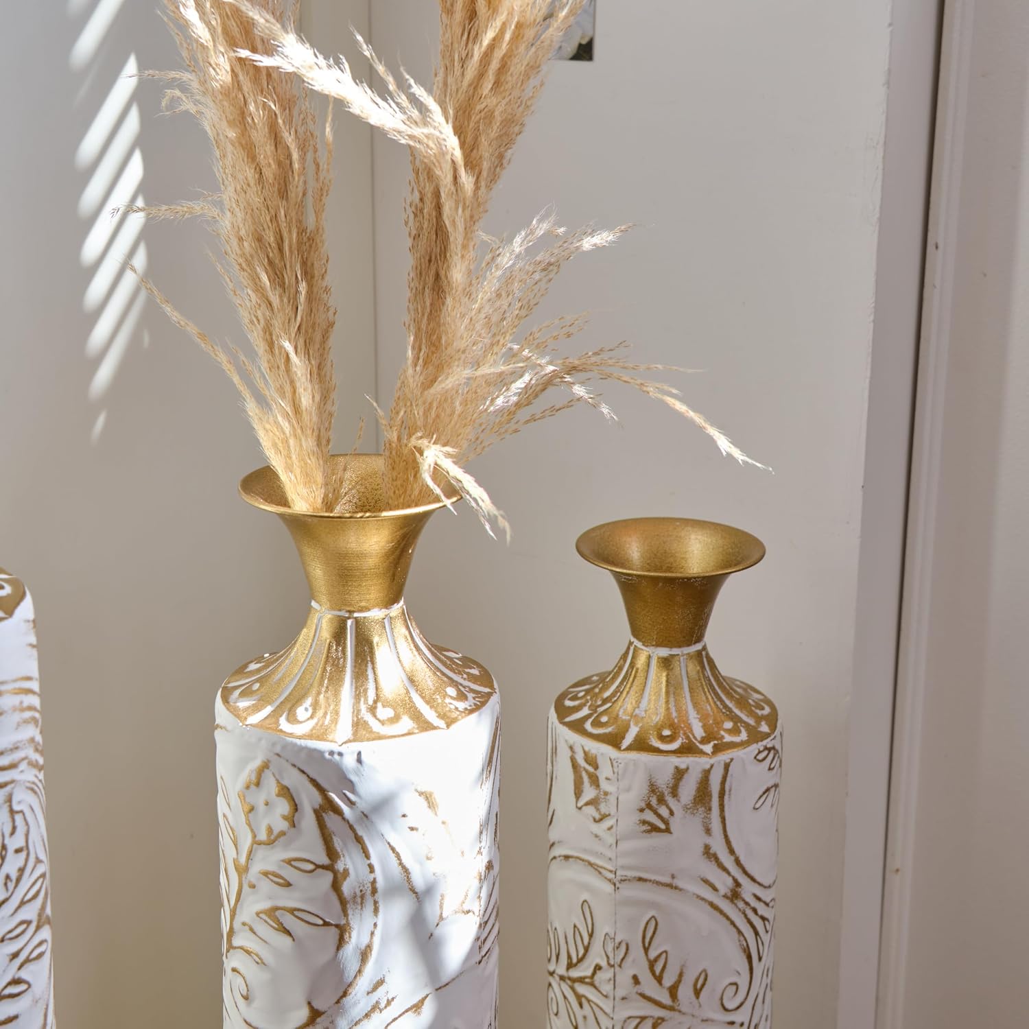 Floor Metal Decorated Vases Set of 3 for Gorgeous Home Decoration Large Glazed Metal Vases (Pampas+White)