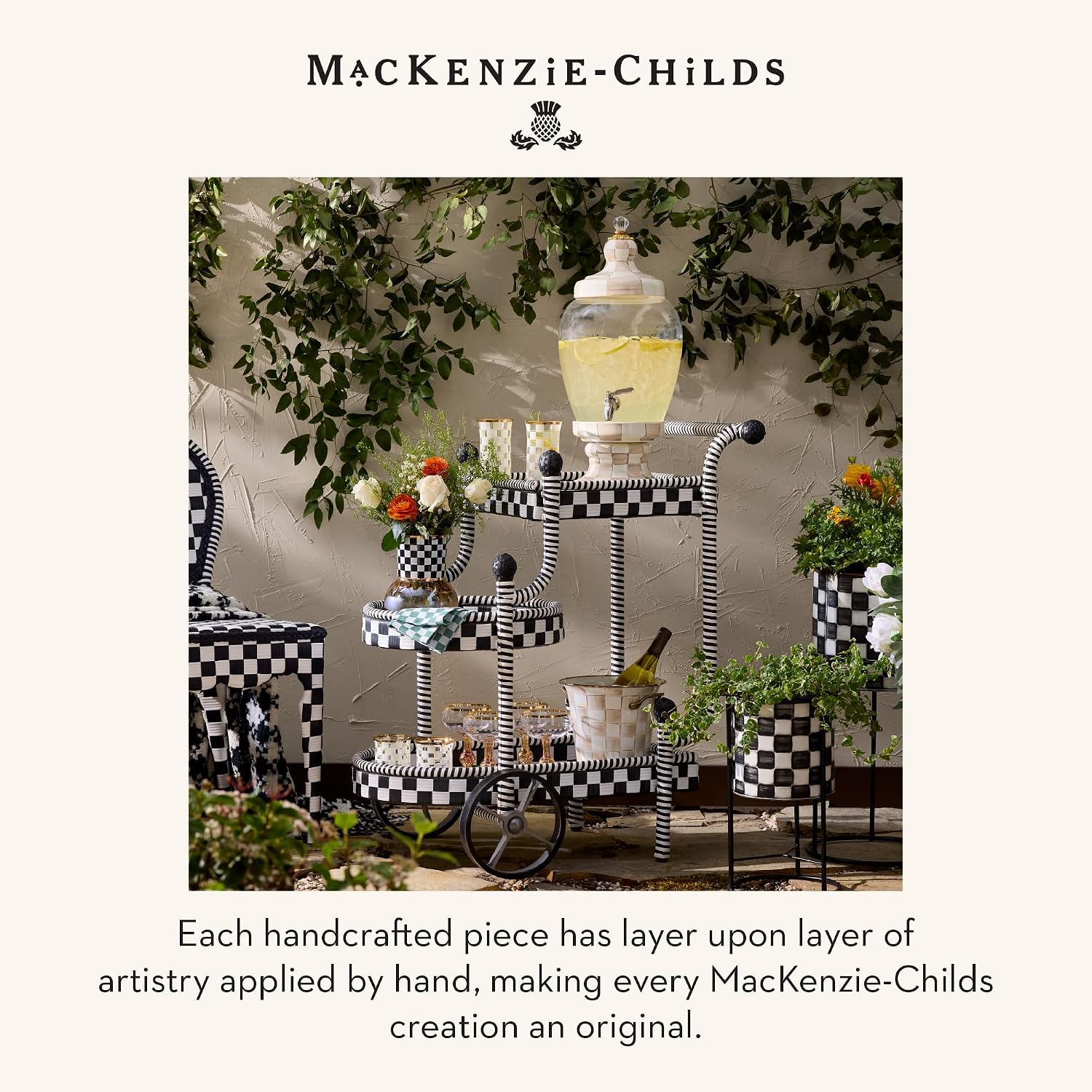MACKENZIE-CHILDS Pedestal Vase, Decorative Centerpiece and Flower Holder, Black-and-White Courtly Check