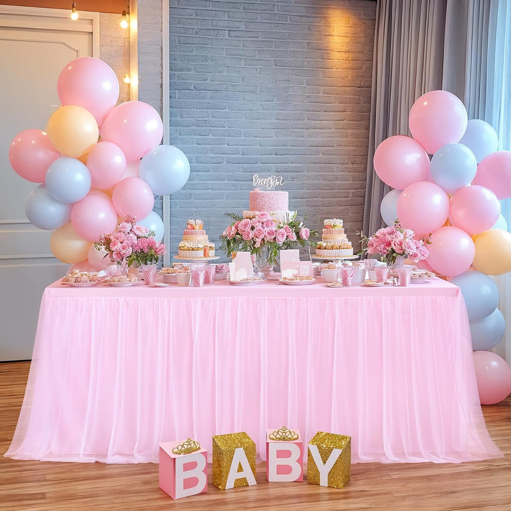 Pink Table Cloths for Parties Light Pink Tulle Tablecloth Rectangle, Pink Tulle Table Skirt Rectangle Table 6ft Fitted Table Covers Stretch Elastic Banquet Party Baby Shower Wedding Table Cloth 6 Foot