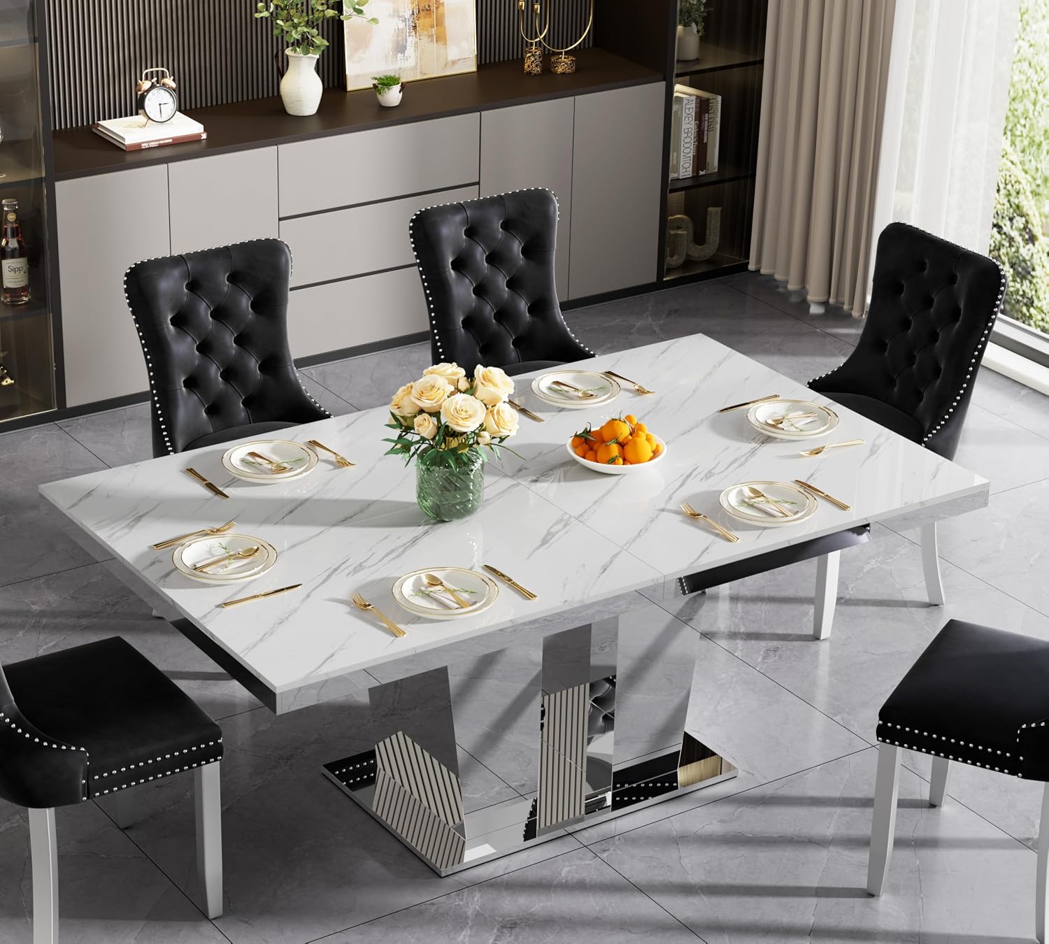 94 inch Extendable Dining Table for 6 8 10, Modern Expandable Kitchen Table with White Faux Marble Top & Silver Mirrored Base, Large Luxury Faux Marble Dining Room Table for Dinner Family Gathering