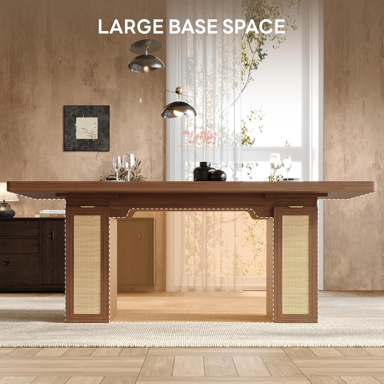 LIKIMIO 78.7' Farmhouse Dining Table for 6-8 People, Extra Thick Wood Top with 2 Hidden Adjustable Storage Drawers, Modern Woven Rattan Table for Dining Room, Kitchen, Living Room, Vintage Brown