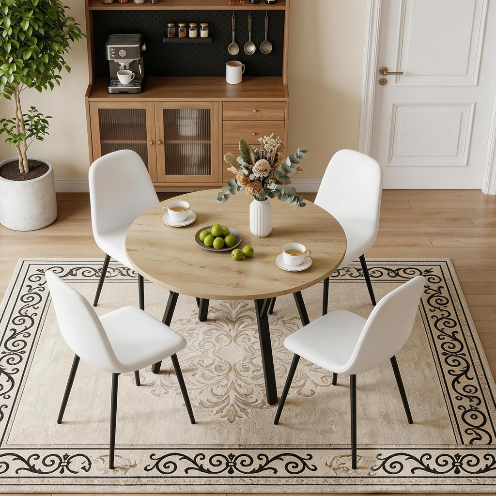 Round Dining Table Set for 4, Rustic 36' Circle Kitchen Table and 4 White Linen-Cotton Dining Chairs, Solid Metal Frame, Space Saving Wood Small Kitchen & Dining Room Furniture