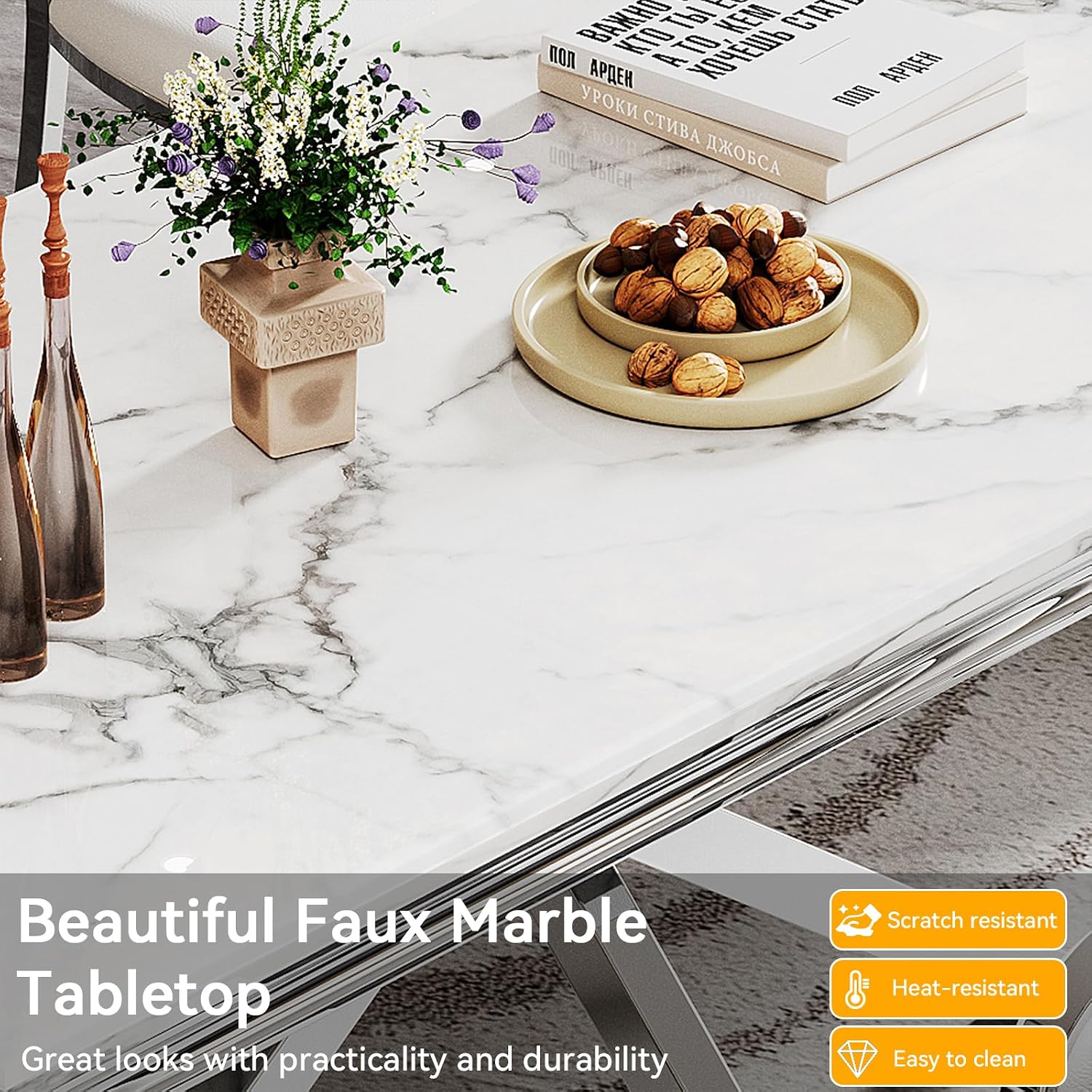 68' White Marble Dining Table for 6-8, Mid Century Modern Dining Table with Faux Marble Top & Mirrored Dimaond Shape Stainless Steel Base, Large Luxury Rectangular Dinner Table for Kitchen Dining Room