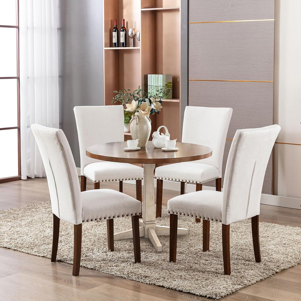 COLAMY Upholstered Dining Chairs Set of 2, Parsons Style Side Chairs with Nailhead Trim and Solid Wood Legs, Comfortable Linen Fabric for Kitchen & Dining Room – Beige