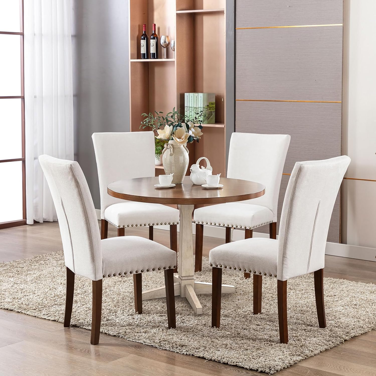 COLAMY Upholstered Dining Chairs Set of 2, Parsons Style Side Chairs with Nailhead Trim and Solid Wood Legs, Comfortable Linen Fabric for Kitchen & Dining Room – Beige