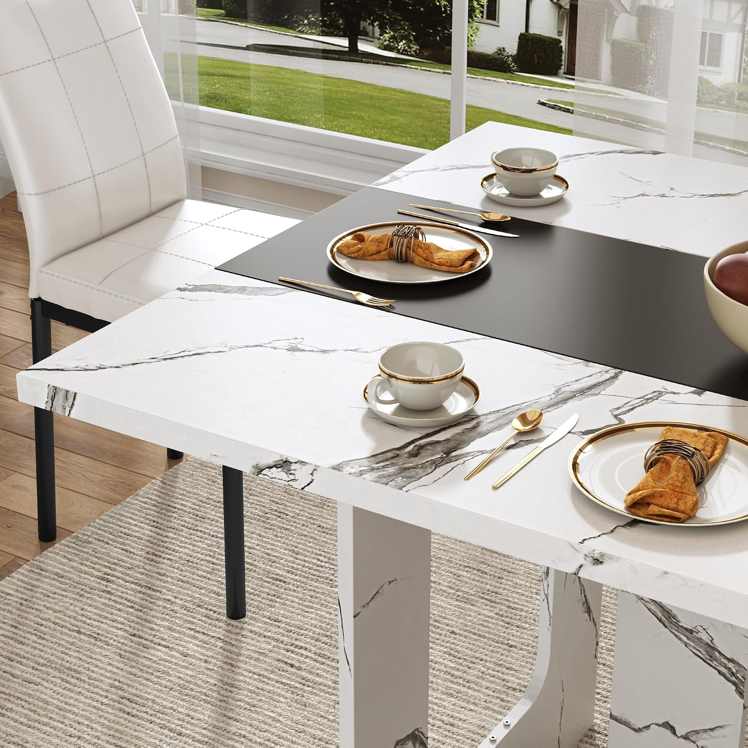 St.Mandyu 7 Pieces Dining Table & Chairs Set for 4-8 People, 71 Inch Kitchen Table with 6 Chairs, Rectangle Dining Table with Wooden Legs for Dining Room, Living Room, White