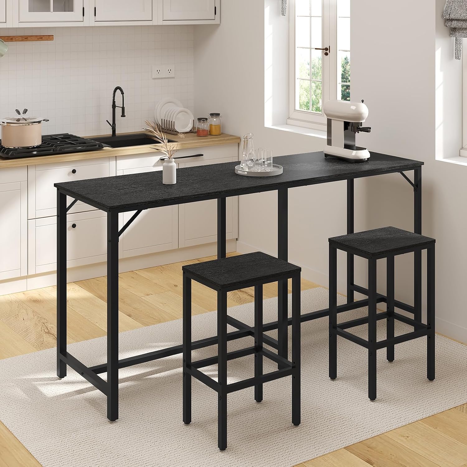 YATINEY 70.9' Bar Table and Chairs Set, Dining Table and Chair Sets, 3 Piece Counter Height Table and 2 Stools, Kithcen Table for Home Restaurant, Bar, Black BT09BB