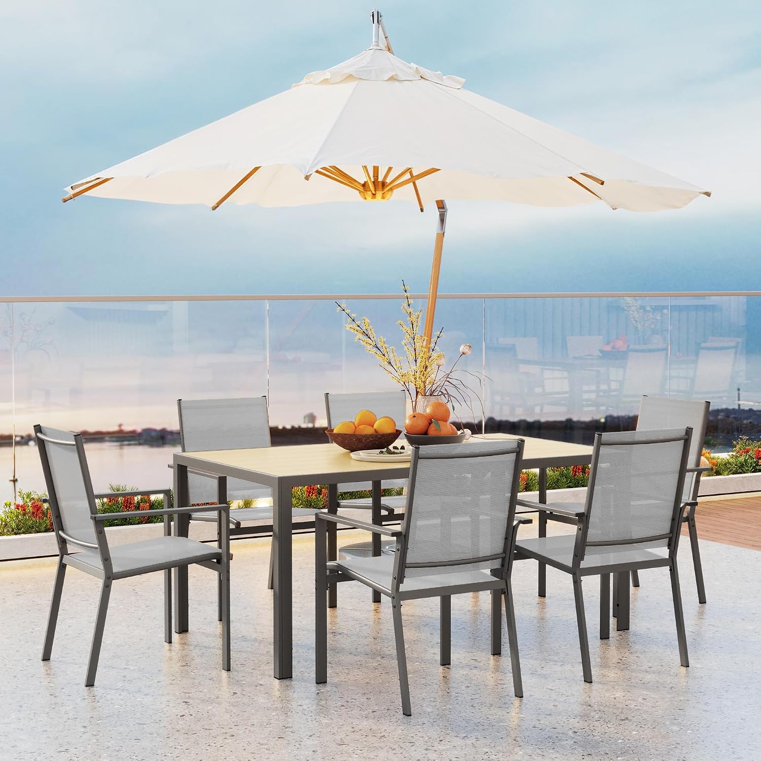 Ahomly Patio Table and Chairs Set for 6, Outdoor Dining Set Includes 59.5' Rectangle Patio Table with Side Umbrella Hole and 6 Textilene Fabric Patio Chairs for Courtyard, Backyard, Pool, Grey&Brown