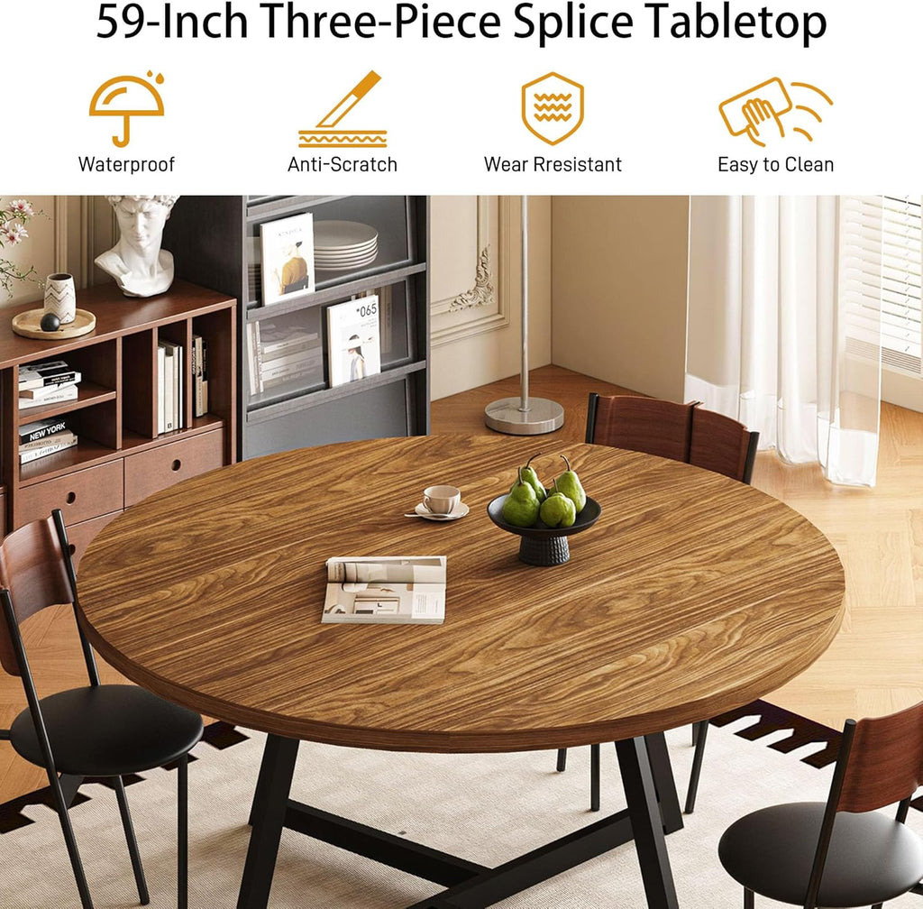 Large Round Dining Table for 6-8, Wooden Dinner Table with Heavy Duty Metal Pedestal Base, for Kitchen Living Room, Space Saving, 59 Inch, Brown