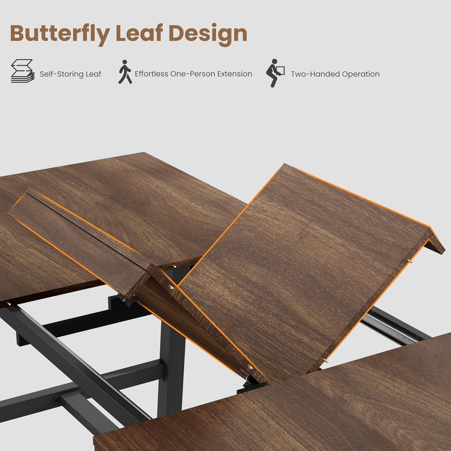 GarveeHome 63-83' Extendable Dining Table, Industrial Rectangular Dining Room Table for 6-8 People, Expandable Kitchen Table with Heavy Duty Metal Frame for Dining Room, Kitchen & Parties, Brown