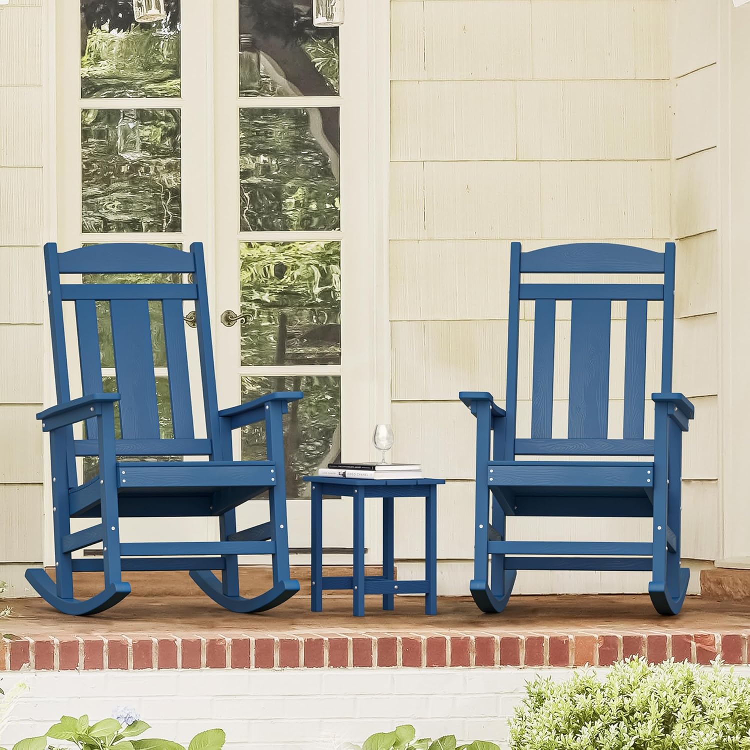 LUE BONA Outdoor Rocking Chairs Set, 3-Piece, HDPS Poly Porch Rockers with Table, Plastic Weather Resistant Rocking Chair Set for Outdoor Indoor, Garden, Backyard, 350lb, Navy Blue Chairs+Table