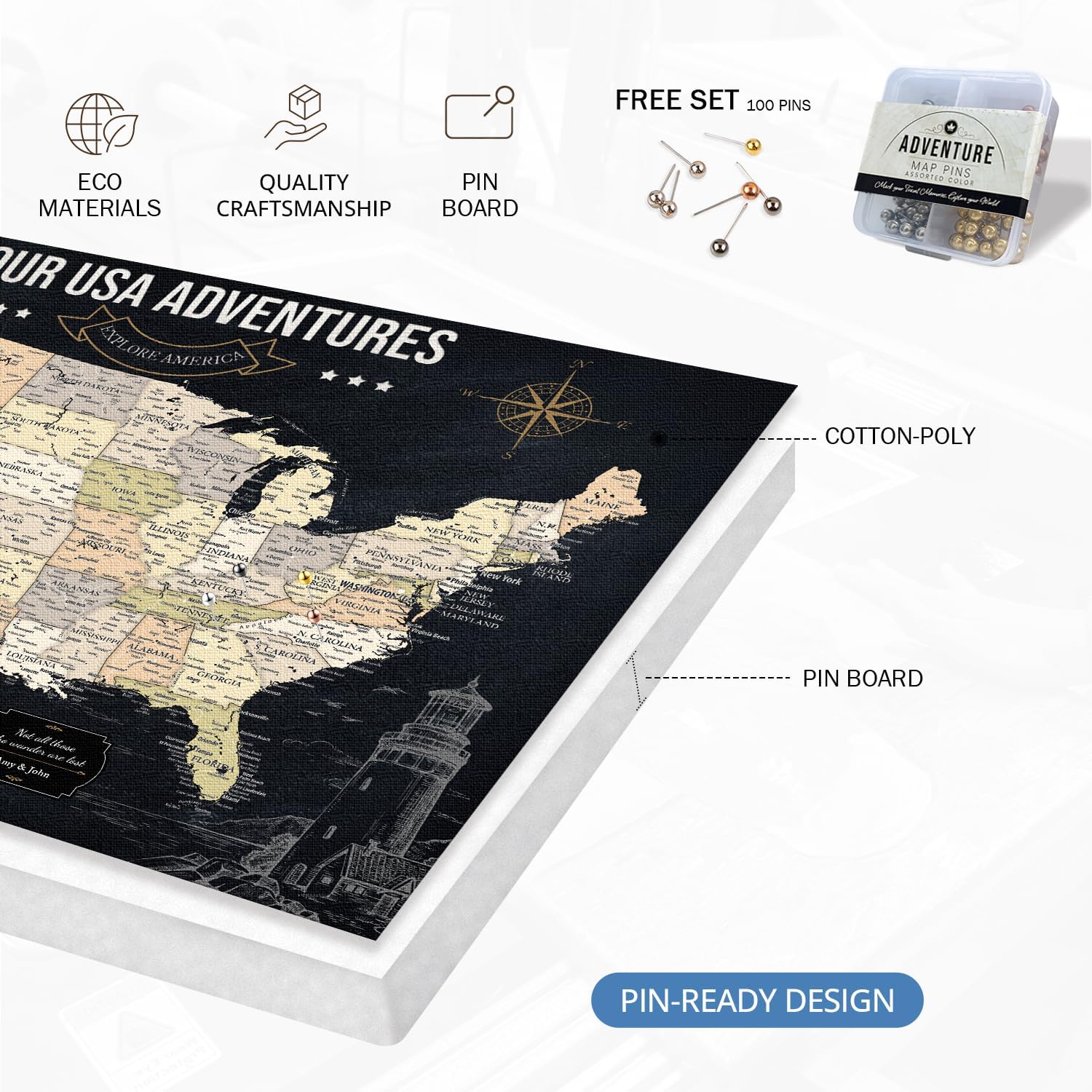 IPIC - Oversized Personalized Push Pin Travel Map USA, Custom Names, Pin Board Canvas, Navy Gold US Decor, Optional Wood Frame, Giclee Print, Handcrafted in USA, 40x30