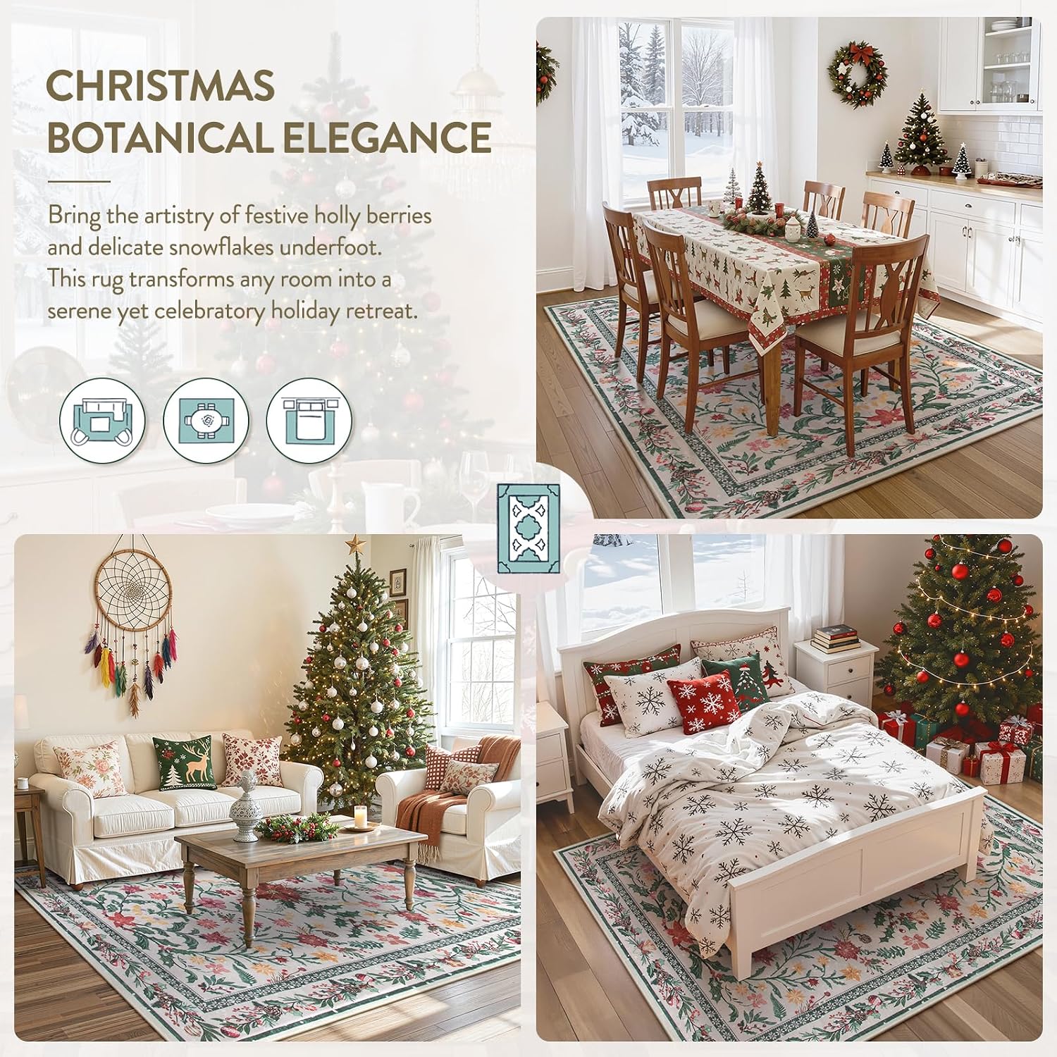 Lahome Christmas Rugs 8x10 Living Room Decor, Washable Area Rugs for Dining Room Stain Resistant, Large Thin Carpets Under Bed Couch Cottagecore Holiday Decor