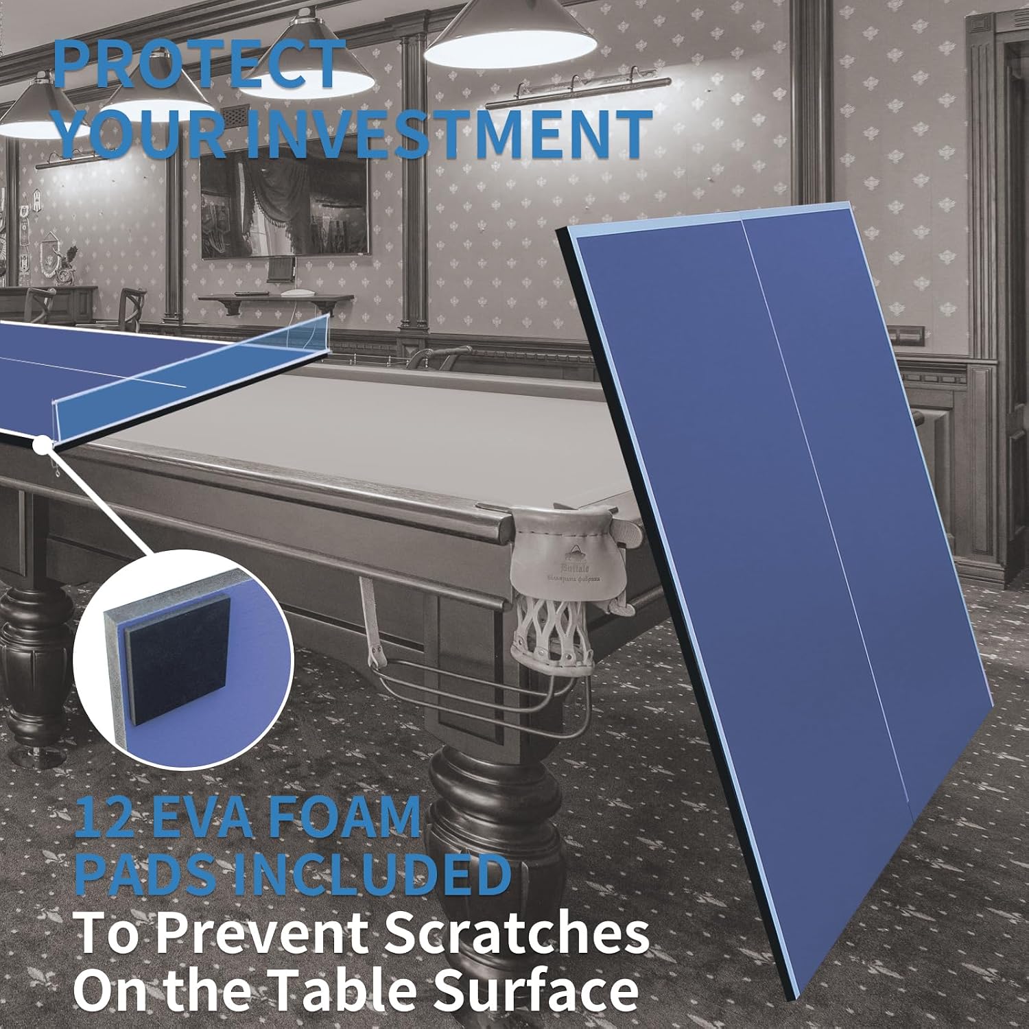 Foldable Ping Pong Table Top for Billiard Table, 6FT/7FT/8FT/9FT Table Tennis Table Topper for Pool Table, Indoor Outdoor Portable Table Tennis Conversion Top w/Net & Foam Padding