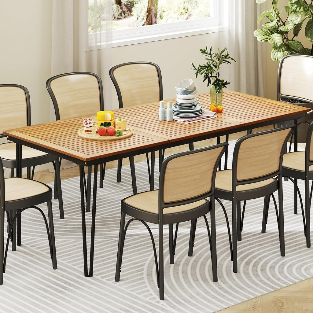 HAPPYGRILL Patio Dining Table for 8, 79' Rectangle Table with Acacia Wood Tabletop & Heavy Duty Metal Frame, Outdoor Dining Table with 2' Umbrella Hole for Backyard, Lawn & Garden