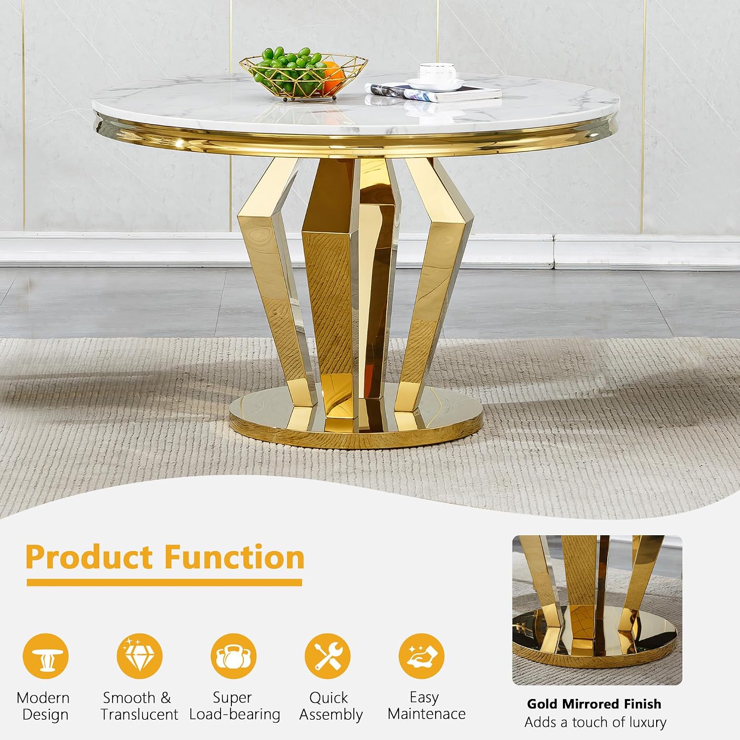 45 in Round Marble Dining Table for 4 to 6, Modern Circular White Faux Marble Kitchen Table with Gold Diamond Stainless Steel Base, Round Kitchen Dining Room Table for Breakfast Dinette Dinner Party