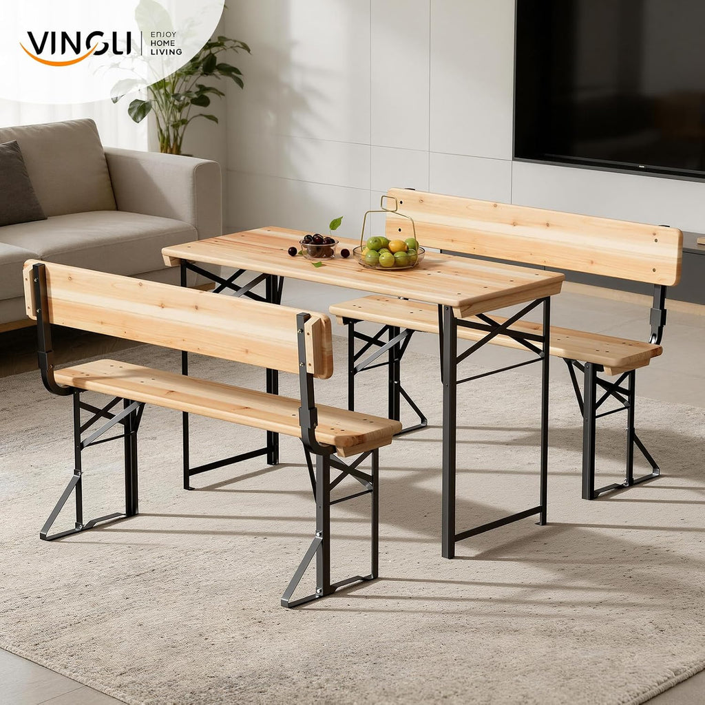 VINGLI 45 Inch Folding Picnic Tables and Chair Set with Backrest Bench, Weather-Resistant Wooden Beer Garden Table Bench, 3-Piece Portable Fold Up Camping BBQ Table,Natural Wood Color