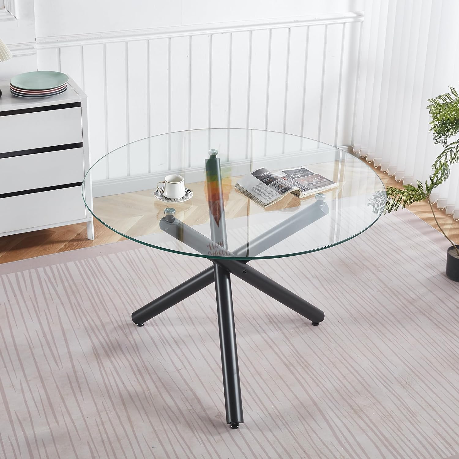 Round Glass Dining Table,Glass Dining Room Table with Metal Legs, Modern Glass Kitchen Table for Home, Kitchen, Dining Room