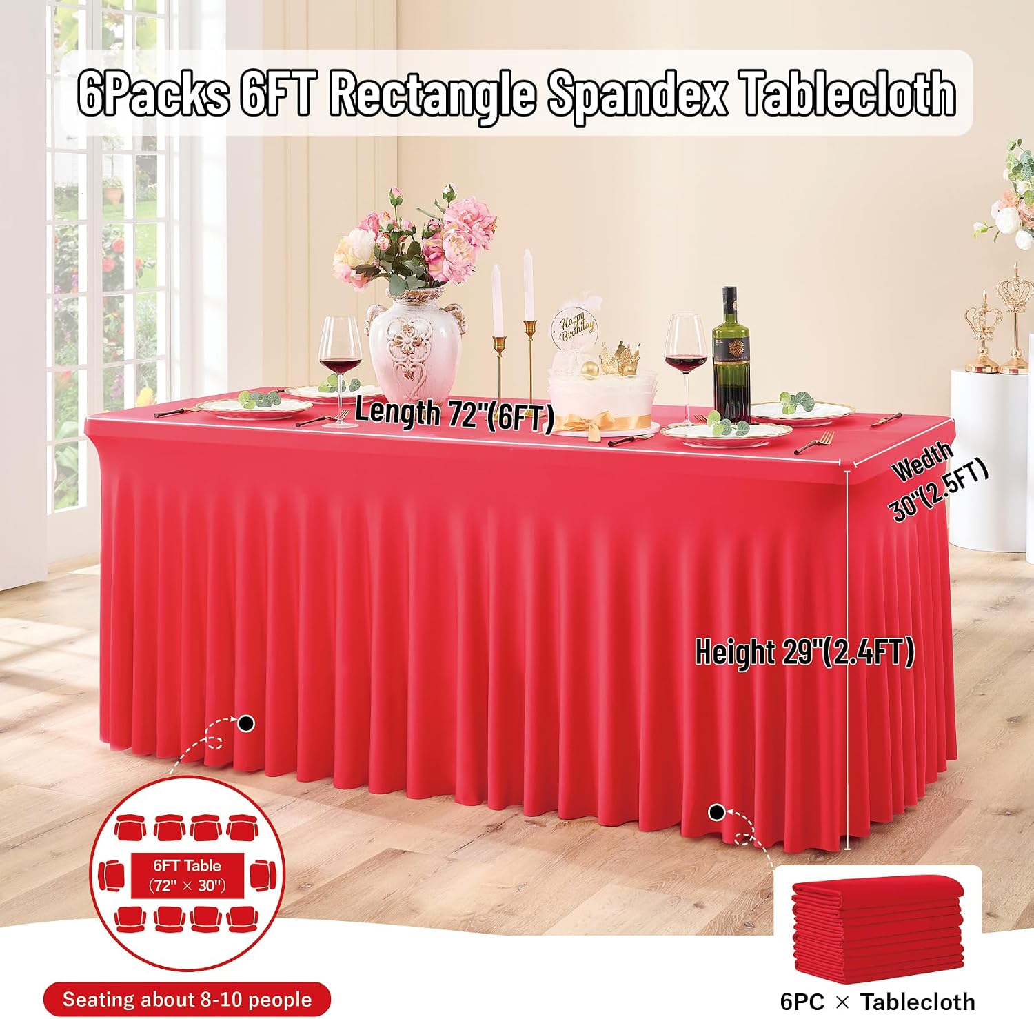 Outpain 6ft Spandex Polyester Blend Tablecloth for Standard Folding Tables - 6 Pack Red Table Protector for Party, Wedding, Banquet, Festival