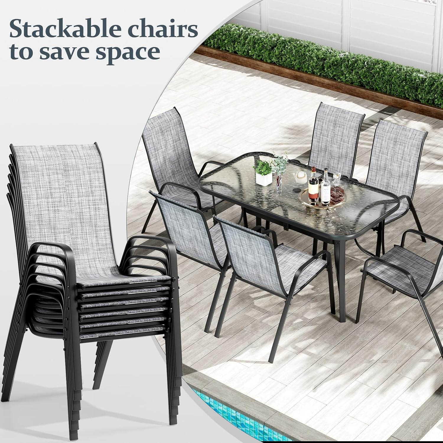 TLSUNNY 7 Pieces Patio Dining Set, Outdoor Table and Chairs W/1.69″ Umbrella Hole, 30'X 55' Table and Stackable Textilene Chair, All Weather Patio Furniture Set (Umbrella not Included) (Grey)