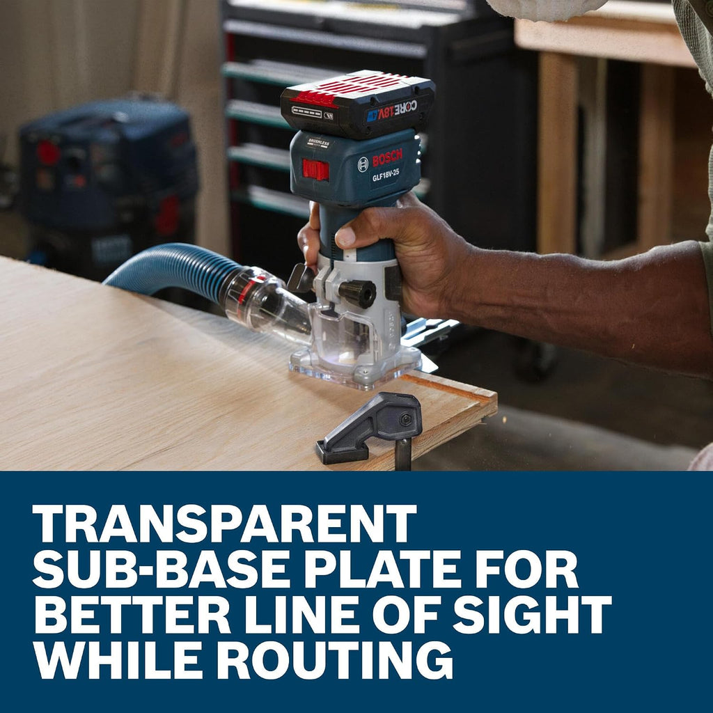 BOSCH GLF18V-25N 18V Laminate Trim Router - Powerful Brushless Motor, 10,000-30,000 RPM, Lightweight, Ergonomic, Enhanced Dust Extraction, Quick Depth Adjustments for Precise Trimming