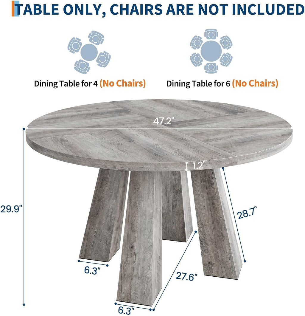 IDEALHOUSE 47' Round Dining Table for 4-6, Wood Kitchen Table with Sturdy Base, Farmhouse Circle Dinner Table for Dining Room, Living Room, 4 Strong Legs, Grey