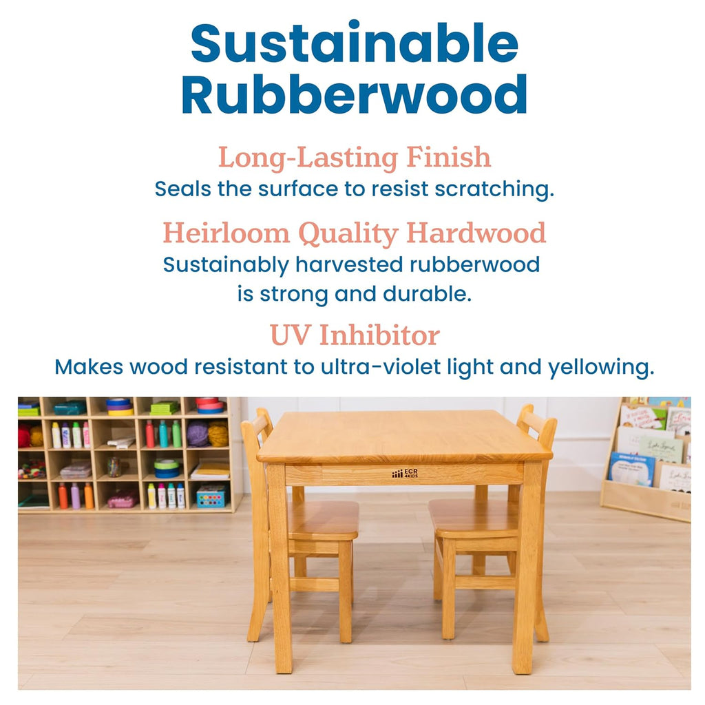 ECR4Kids 30in D Square Hardwood Table with 24in Legs and Two 14in Chairs, Kids Furniture, Honey, 3-Piece
