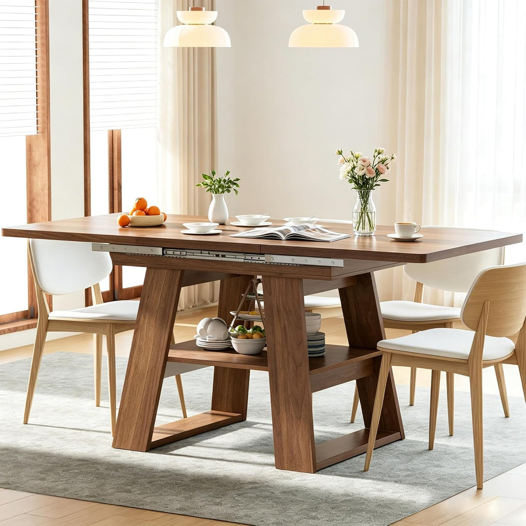 Lxsxlome 47.24''-66.92'' Extendable Dining Room Table for 4-6, Rectangle Extendable Kitchen Table with Removable Leaves, Space Saving, Wooden Dining Table with Storage Shelf (Style 2, Walnut)