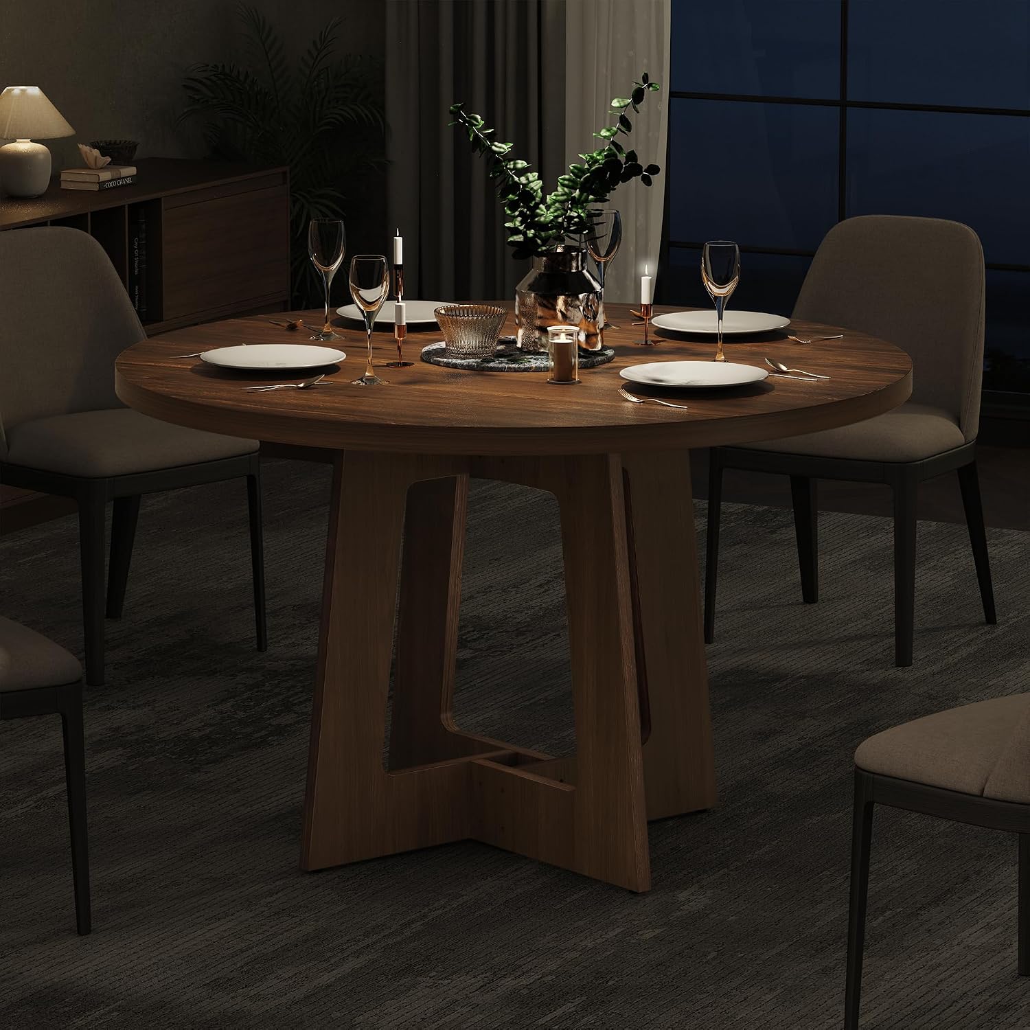 Round Dining Table for 4, Wooden Dining Room Table, Circle Kitchen Table for Home Dining Room Kitchen Living Room (Walnut Brown)