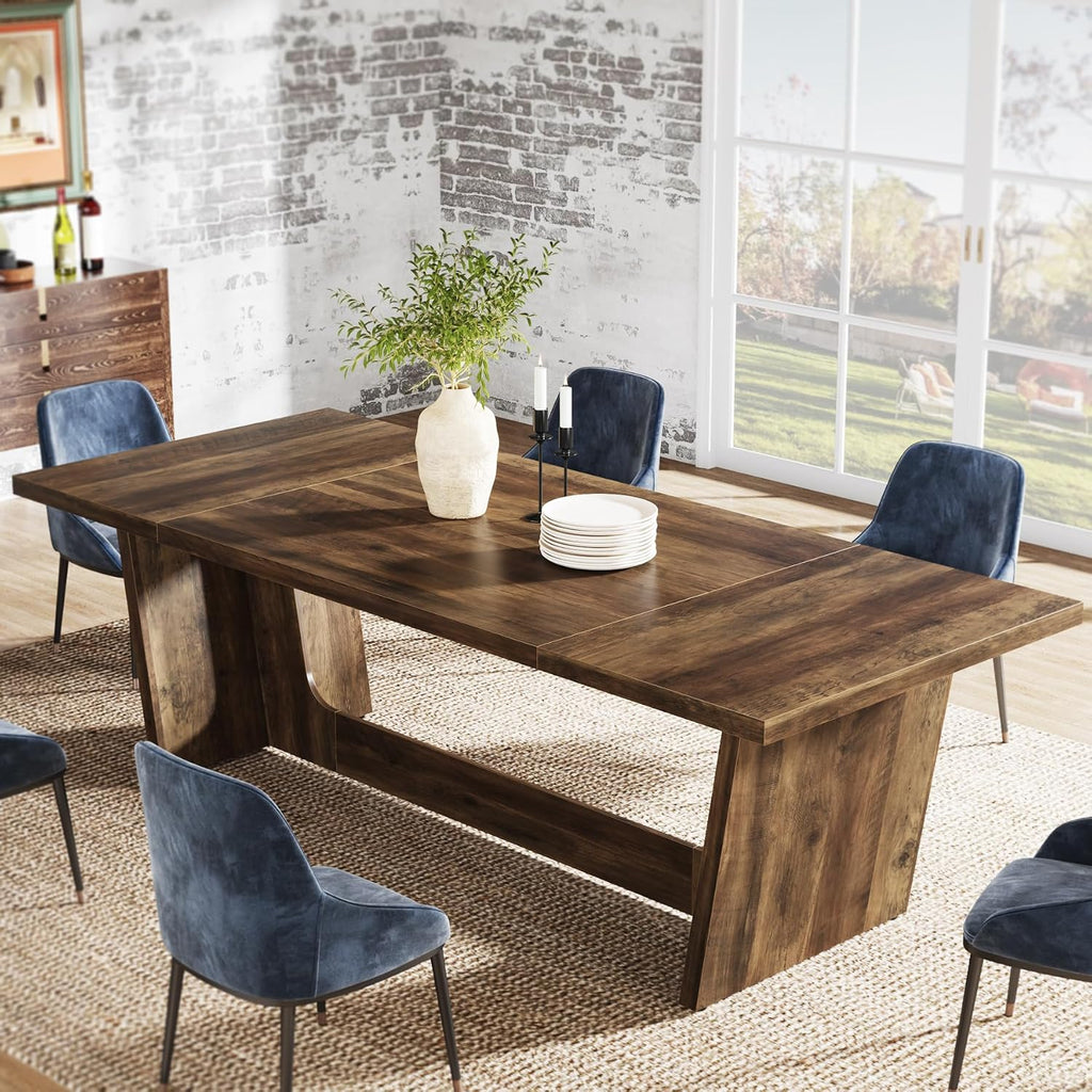 Tribesigns 70.87-Inch Large Dining Table: Wood Long Dining Room Table for 6-8, Rectangular Farmhouse Kitchen Dinner Table with Solid Pedestal, Rustic Brown