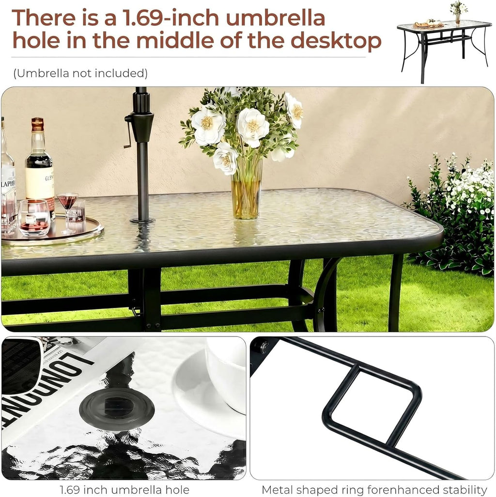 TLSUNNY Patio Outdoor Table W/ 1.69″ Umbrella Hole, 30'X 55' Rectangular Tempered Glass Patio Dining Table for 6, Outdoor Metal Furniture, All-Weather Use, for Patio, Graden, Backyard (Black)