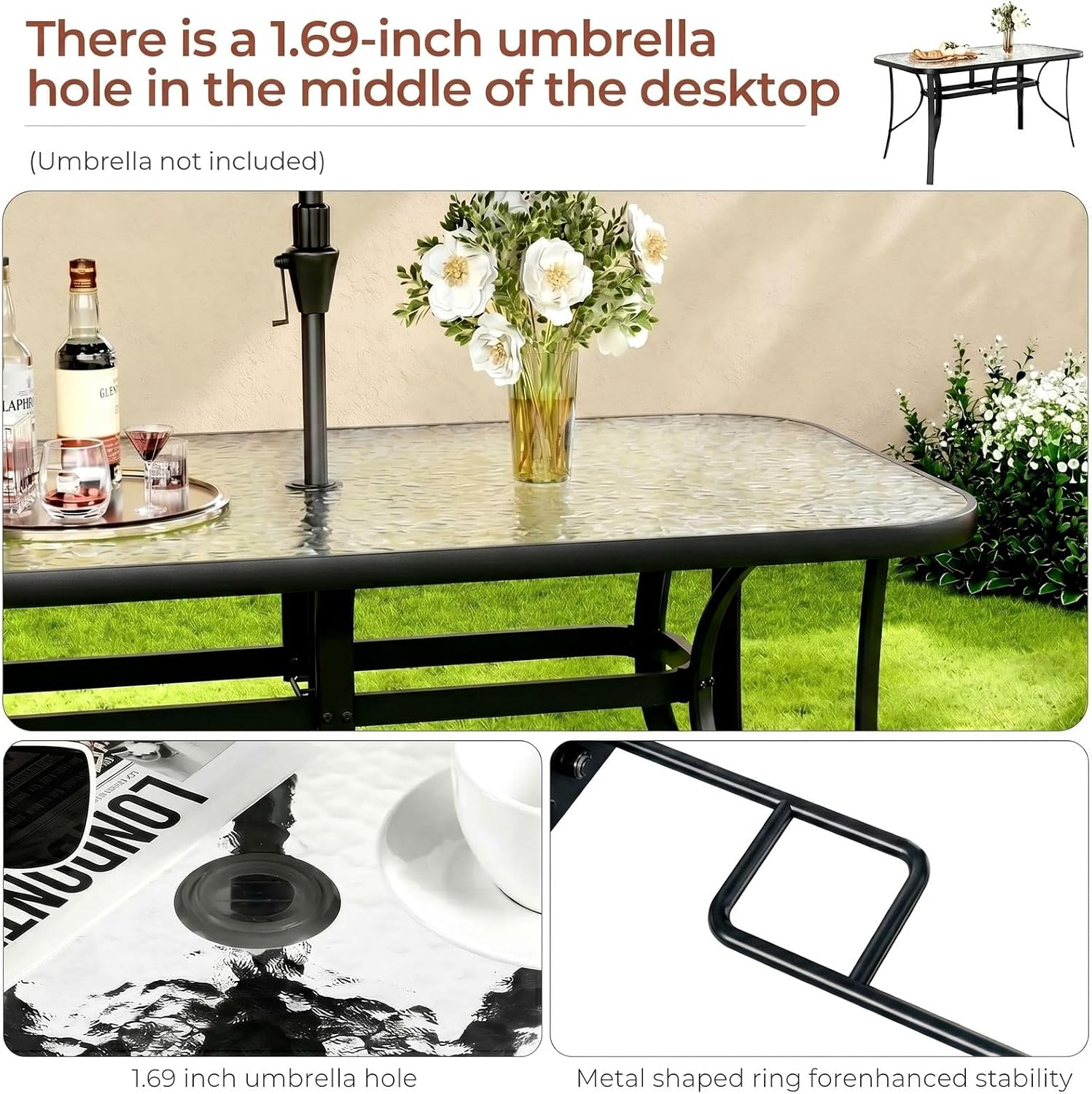 TLSUNNY Patio Outdoor Table W/ 1.69″ Umbrella Hole, 30'X 55' Rectangular Tempered Glass Patio Dining Table for 6, Outdoor Metal Furniture, All-Weather Use, for Patio, Graden, Backyard (Black)