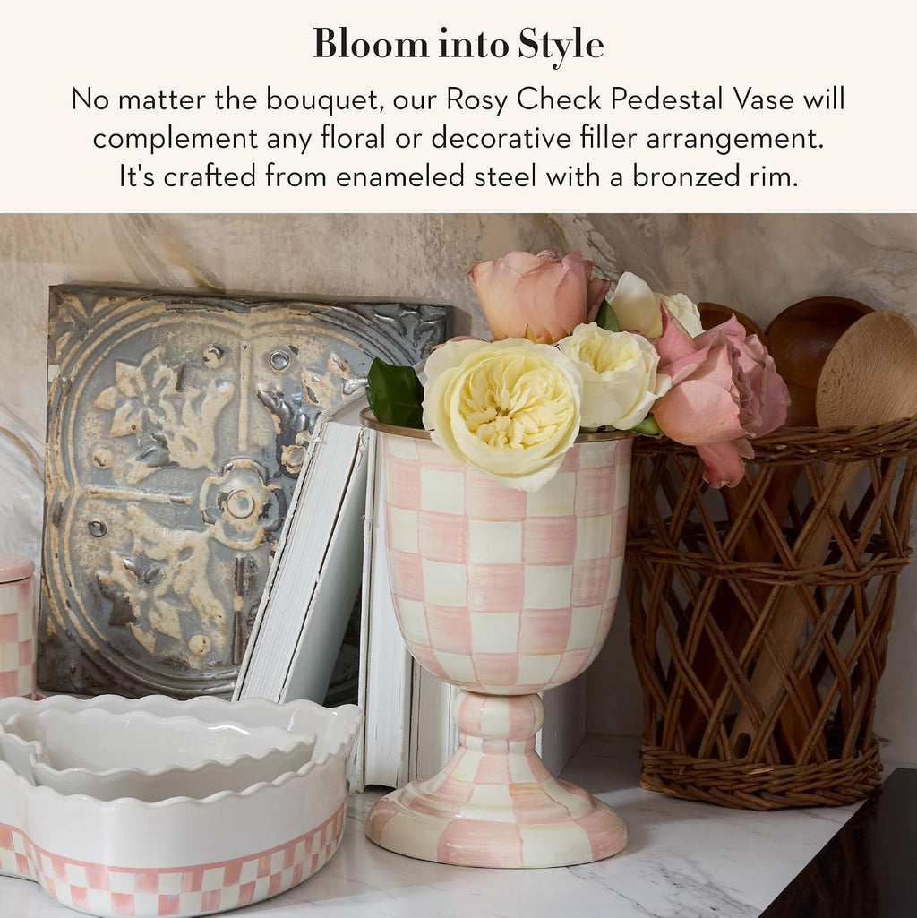 MACKENZIE-CHILDS Pedestal Vase, Decorative Centerpiece and Flower Holder, Pink-and-White Rosy Check