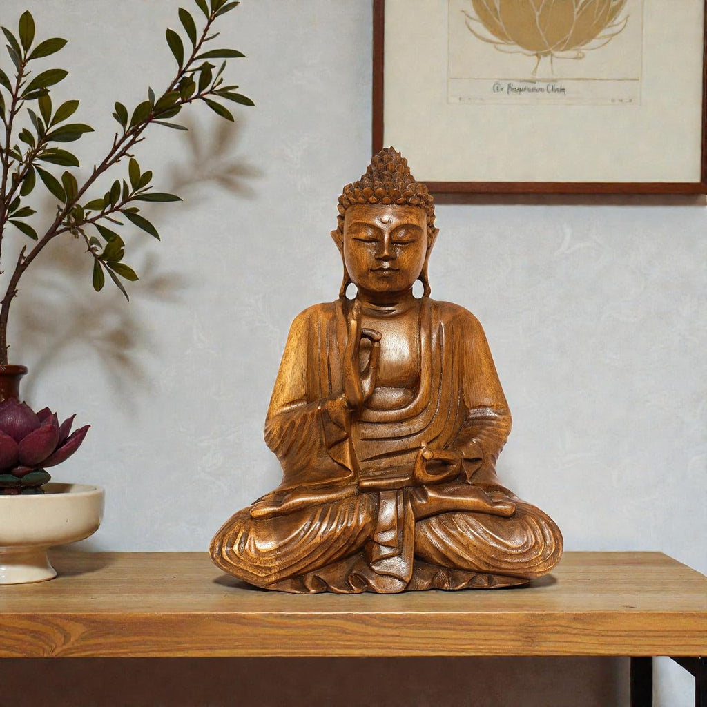 G6 Collection 12' Wooden Serene Sitting Buddha Statue Handmade Meditating Sculpture Figurine Decorative Home Decor Accent Rustic Handcrafted Art Traditional Modern Contemporary Oriental Decor