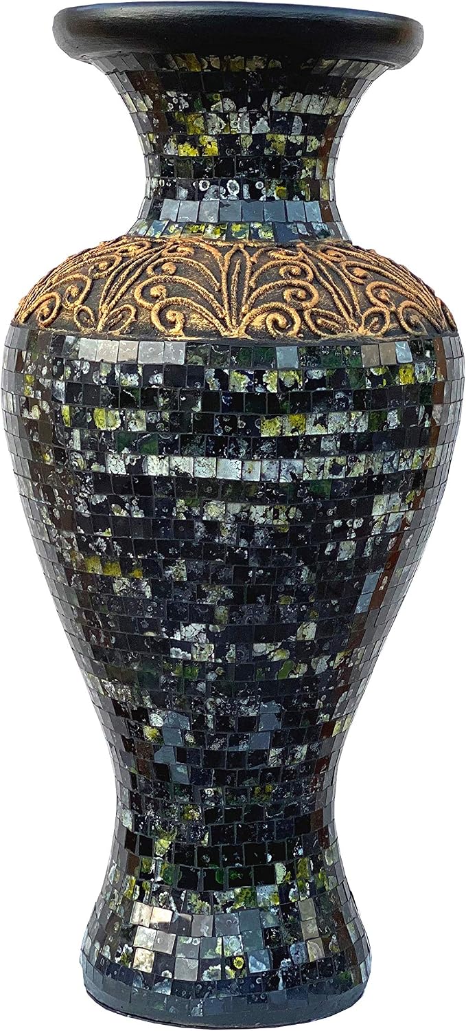 Floor Vase, 24 Inch Mosaic Vase – Tall Cylinder Made of Terracotta with Black, Green, and Gold Glass Mosaic Pieces – Handcrafted Decorative Home Décor Accent Piece for Bedroom, Living Room