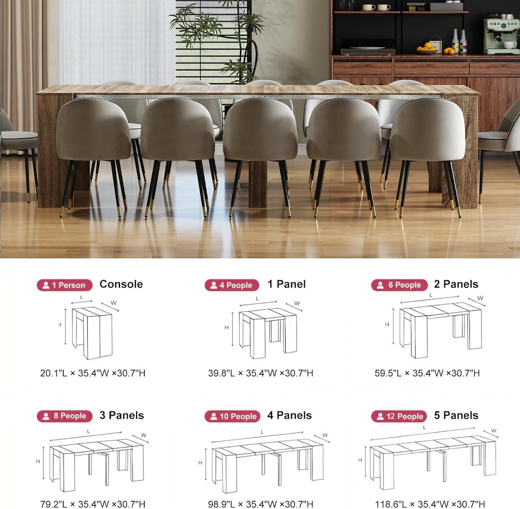 Transformer Dining Table, Extendable Console to Dining Table for 12 People, Folding Space Saving Dining Room Table Multipurpose Use, Grey