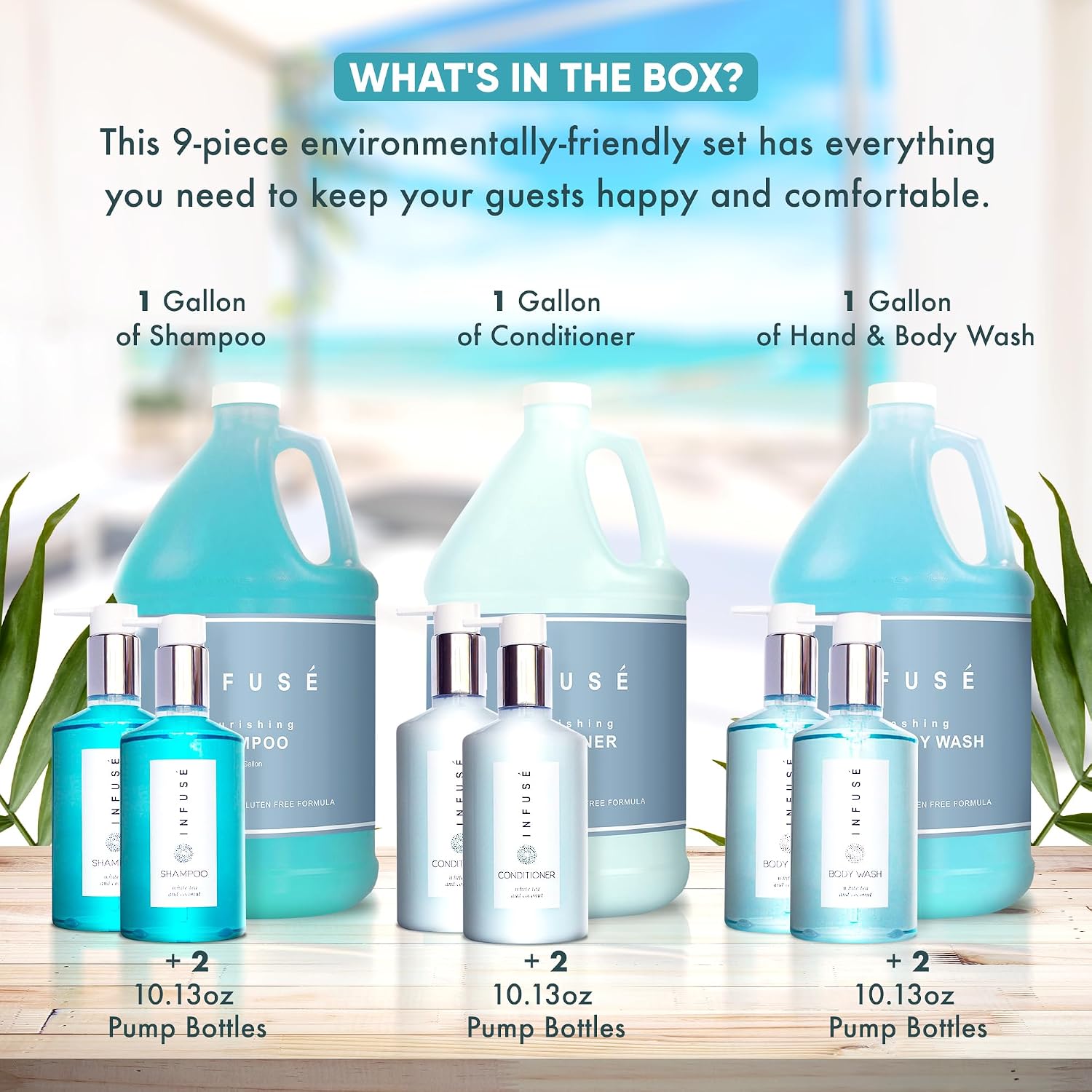 Terra Pure H2O Tropical Infuse Gallon & Dispenser Set | Shampoo, Conditioner, Body Wash Gallons | Refillable 10.14oz Pump Bottles