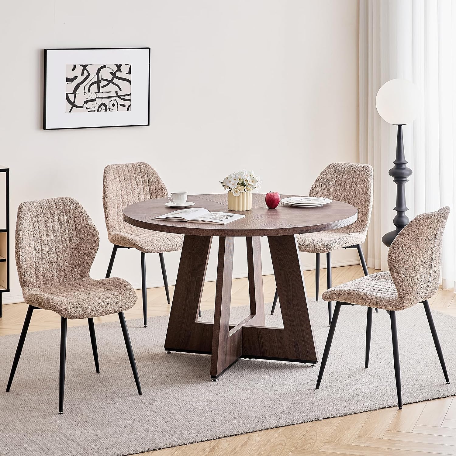 47' Round Dining Table Set for 4 with Chairs Kitchen Table and Chairs Set Mid-Century Modern Chair with Metal Leg for Apartment Living Room(Walnut Table with 4 Brown Chairs)