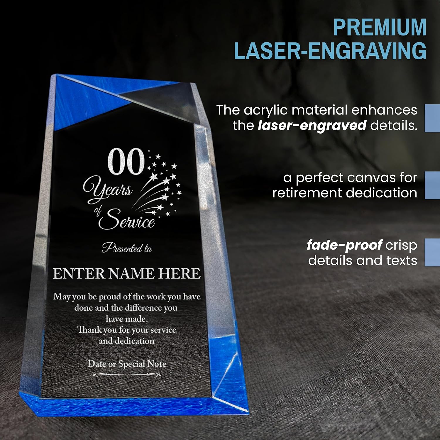 Personalized Acrylic Retirement Gifts For Men and Women, Laser Engraved Custom Trophy for Service Recognition, Years Of Service Retirement Trophy Award for Boss, Employee, Teacher (Blue Facet Wedge)