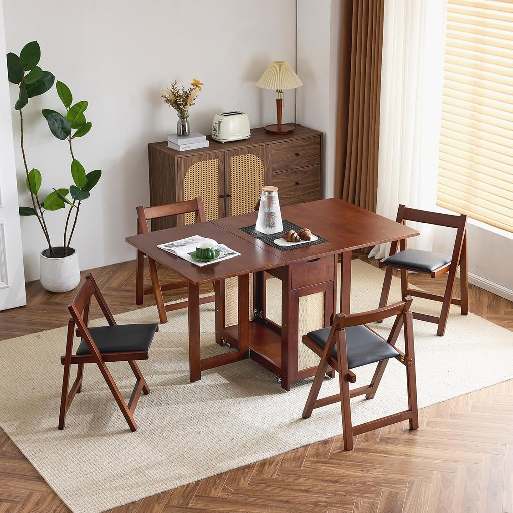 VINGLI Folding Dining Table Set Extendable Drop Leaf Solid Wood Foldable Table 5 Piece with 4 Chairs 2 Drawers and Wheels for Kitchen Space Saving,Walnut