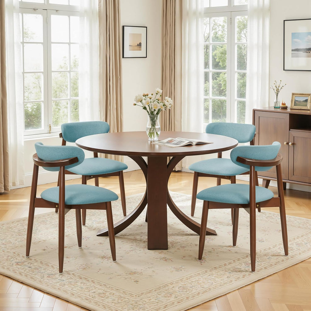 CHUN YI Dining Chairs Set of 4, Upholstered Solid Wood Dining Room Chairs, Mid Century Modern Fabric Kitchen Chairs with Ergonomic Curved Back, Blue (Only Chairs)