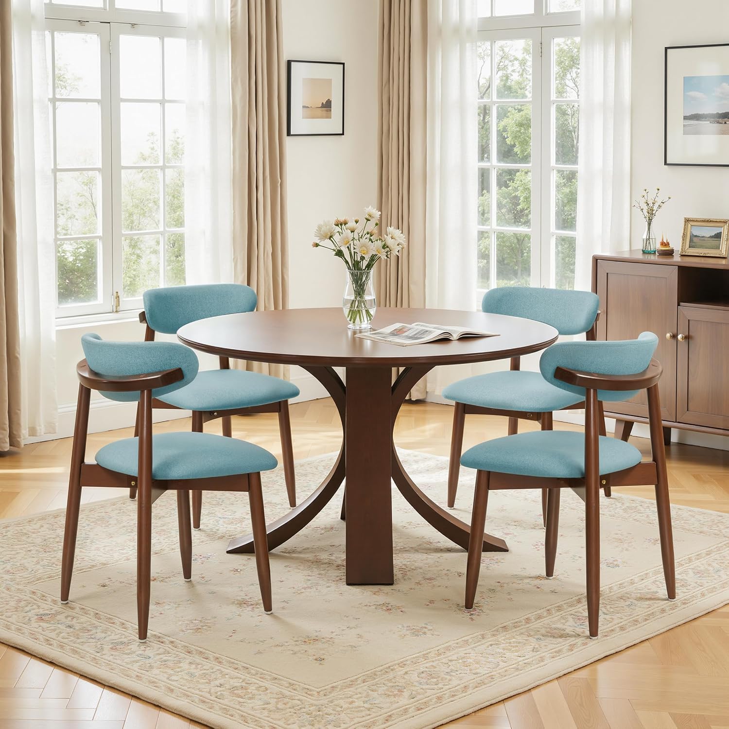CHUN YI Dining Chairs Set of 4, Upholstered Solid Wood Dining Room Chairs, Mid Century Modern Fabric Kitchen Chairs with Ergonomic Curved Back, Blue (Only Chairs)