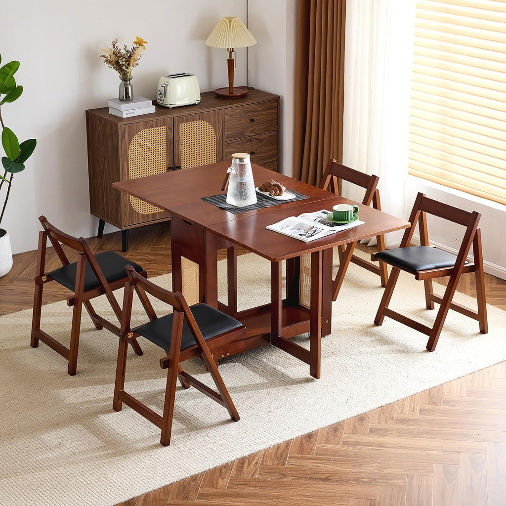 VINGLI Folding Dining Table Set Extendable Drop Leaf Solid Wood Foldable Table 5 Piece with 4 Chairs 2 Drawers and Wheels for Kitchen Space Saving,Walnut