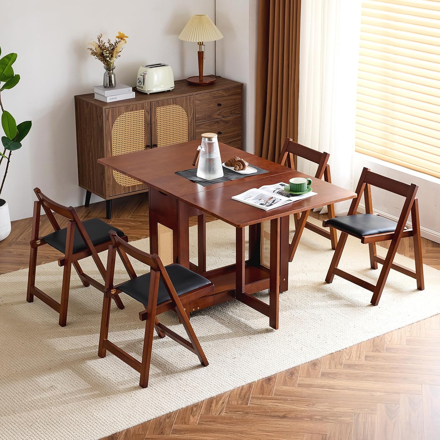 VINGLI Folding Dining Table Set Extendable Drop Leaf Solid Wood Foldable Table 5 Piece with 4 Chairs 2 Drawers and Wheels for Kitchen Space Saving,Walnut