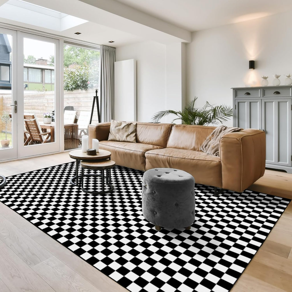 Gertmenian Indoor Boho Area Rug - 8x10 Large, Non Slip, Super Strong, Ideal for High Traffic Areas in Bedroom, Living Room, Kitchen - Checker, Black, White, 28626