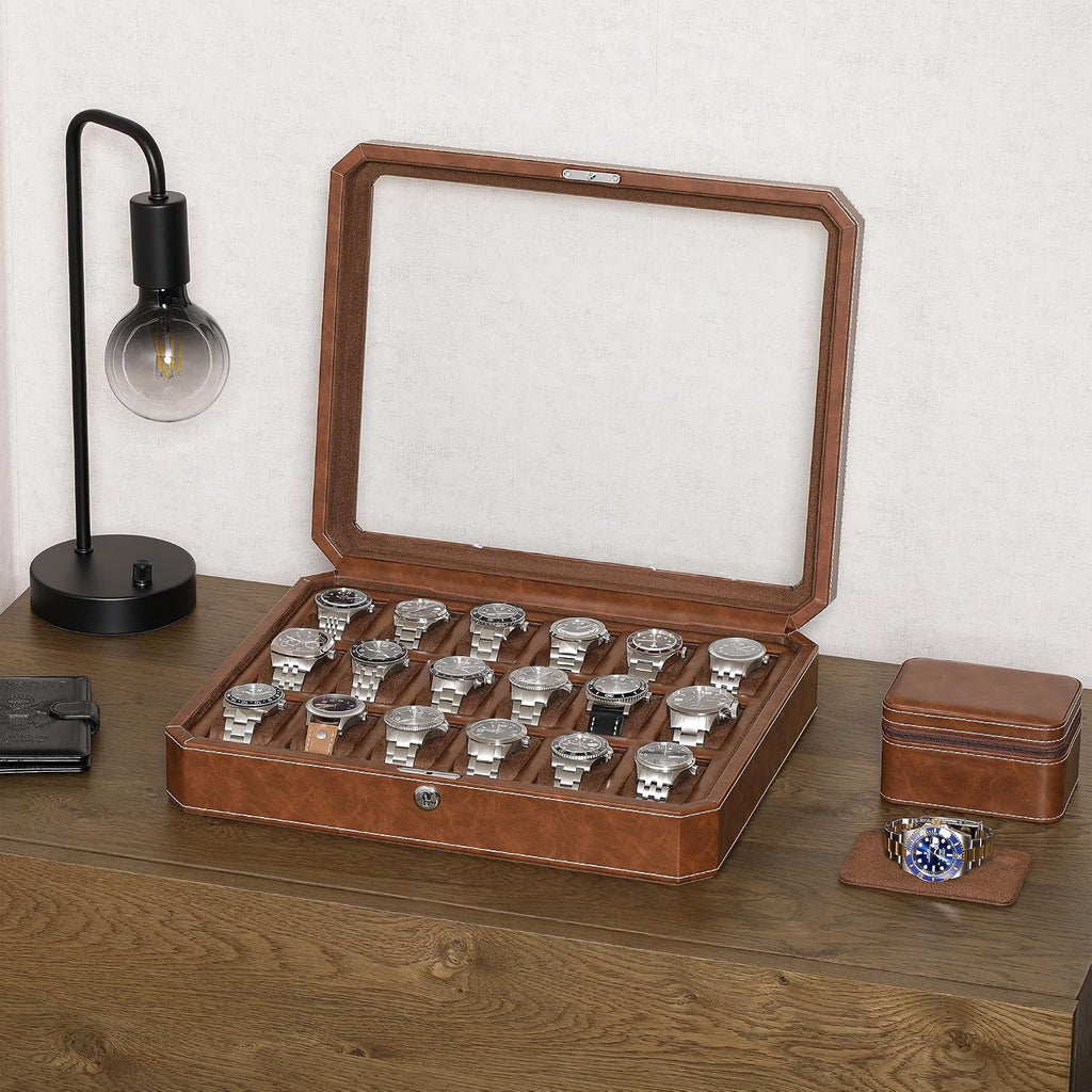 ROTHWELL 18-Slot Watch Case – Luxury Watch Box for Men, Real Glass Top, Lockable, Elegant Display for Collections (Tan/Brown)