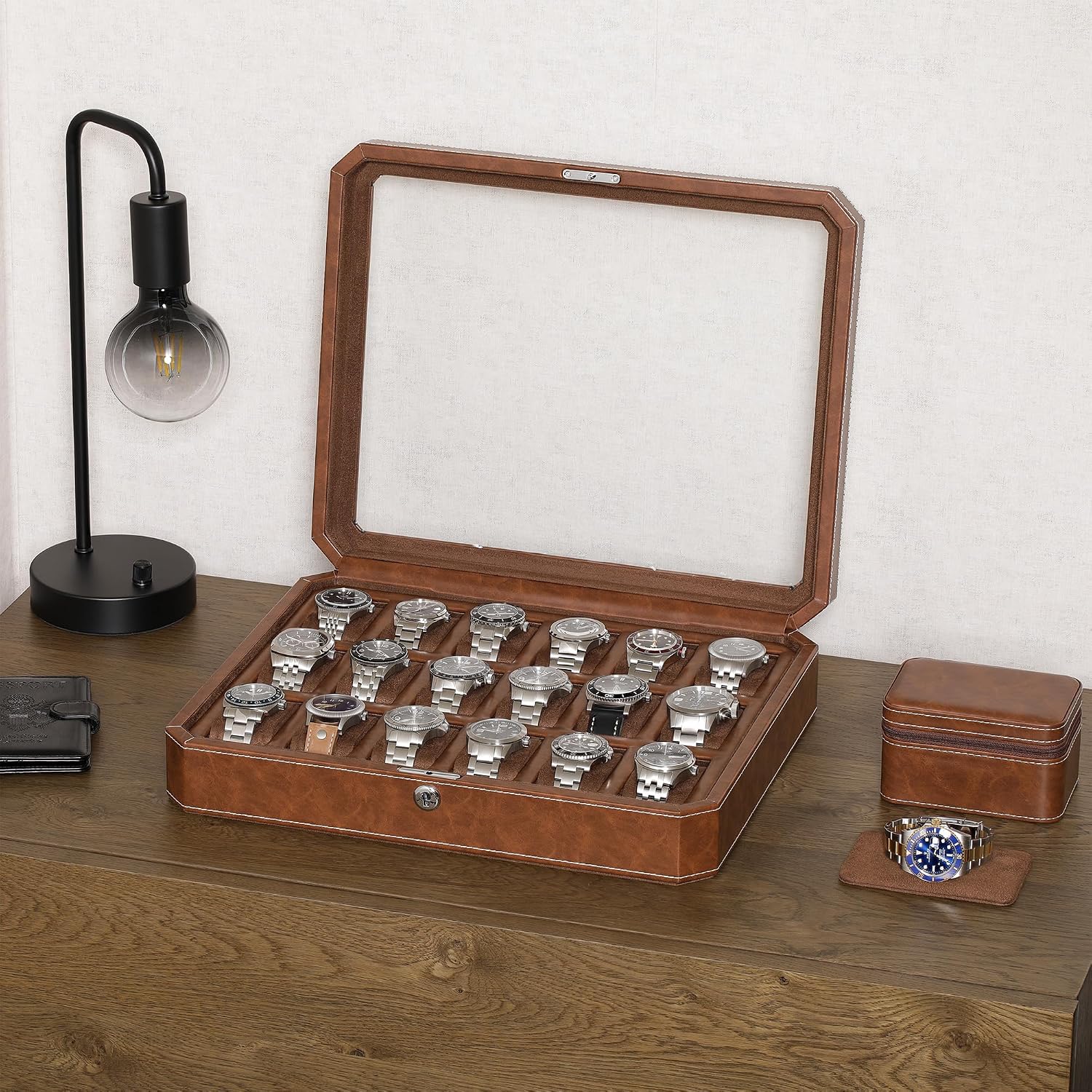 ROTHWELL 18-Slot Watch Case – Luxury Watch Box for Men, Real Glass Top, Lockable, Elegant Display for Collections (Tan/Brown)