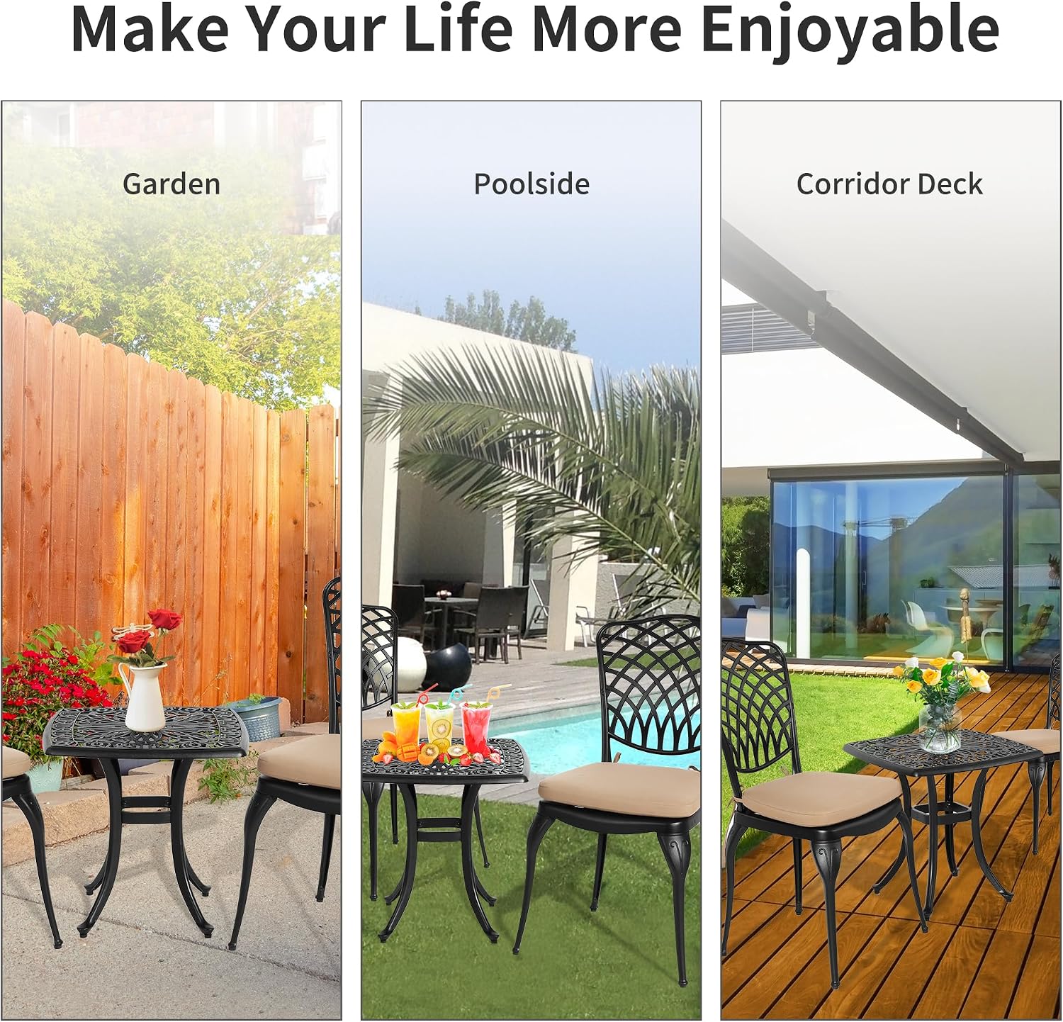 HOMEFUN Thickened Heavy-Duty Cast Aluminum Bistro Set of 2 Outdoor 3 Piece Patio Set with Padded Cushion, Ultra Sturdy Rustproof All-Weather for Garden Balcony, Black